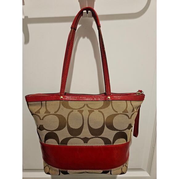 Coach Handbags - Coach Purse: Beige Signature Canvas + Red Patent Leather, Authentic Zipped Tote